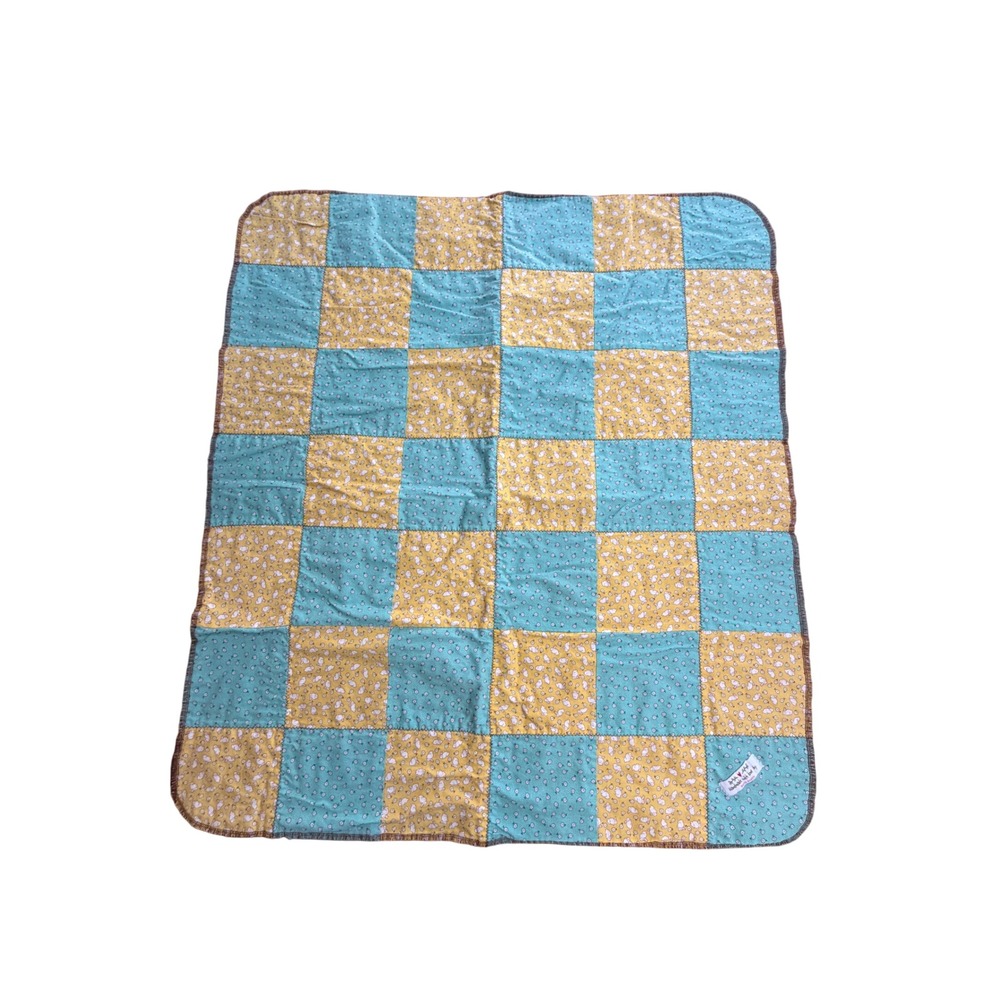Handmade Earth Angels Patchwork Baby Blanket Yellow Bunny Teal Floral 35x32